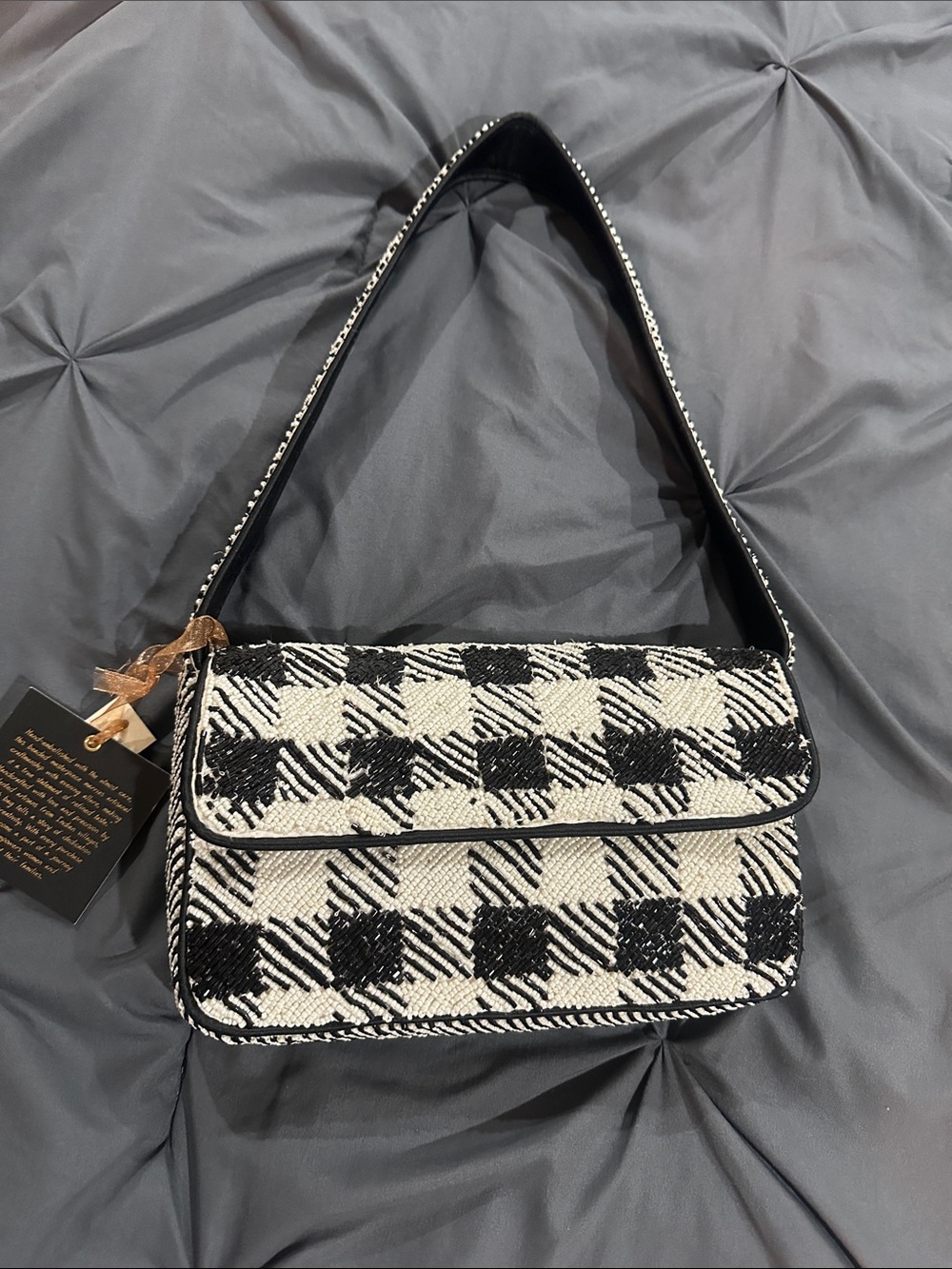 Black & White Checked Shoulder Bag with Textured Weave